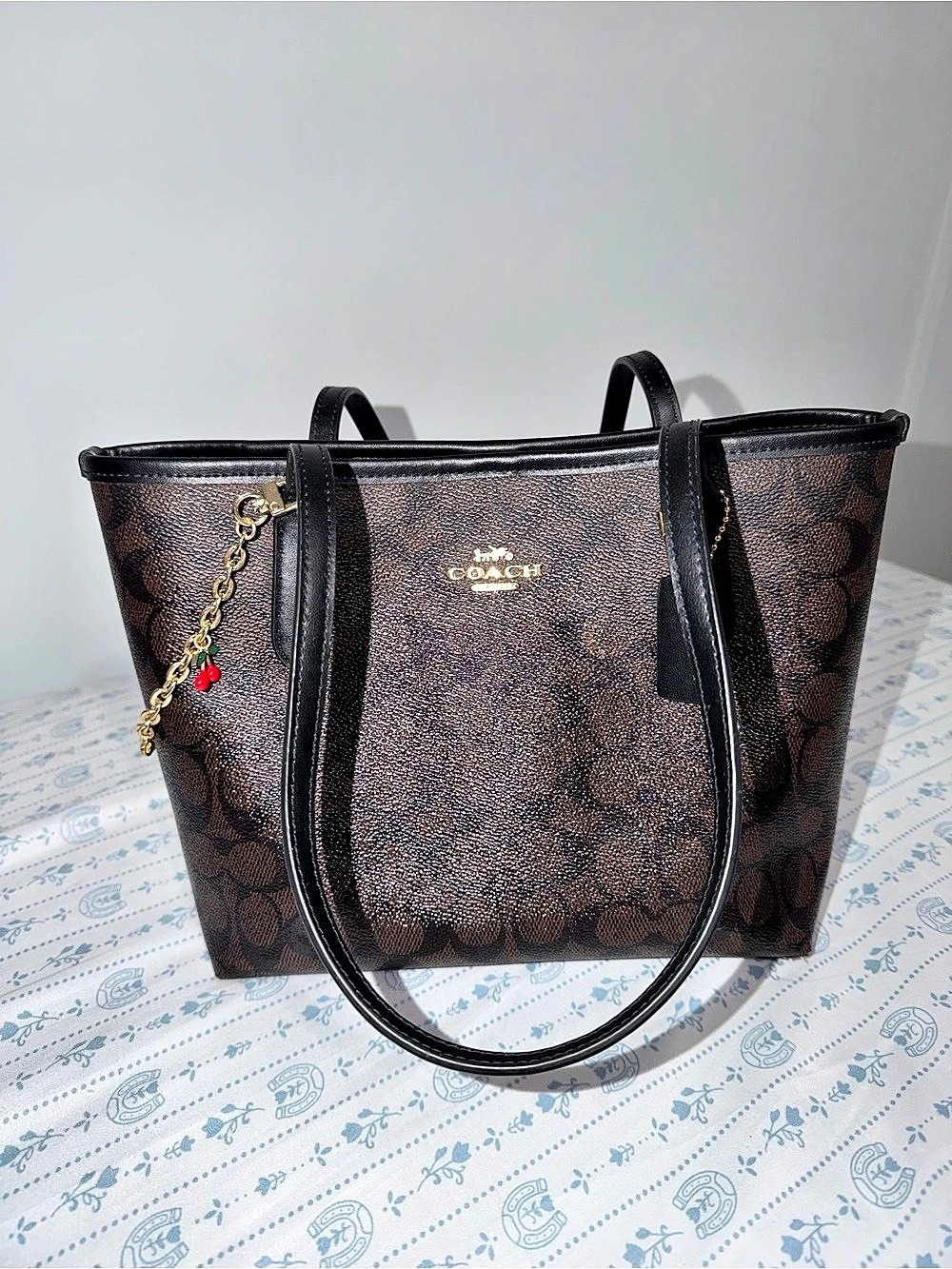 Coach Small City Tote In Signature Canvas Monogram Tote Brown & Black